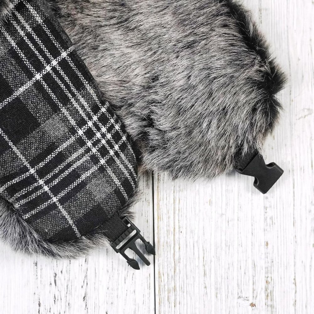 Men Black Plaid ONWAY Faux Fur Trapper Hat Cozy Winter Ear Flaps Hat - Picture 4 of 6
